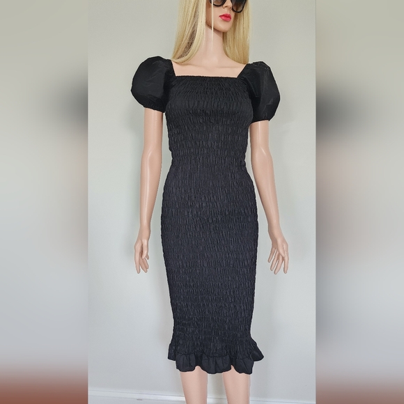 LULUS BLACK DRESS MIDI SMOCKED SMALL - Picture 6 of 12